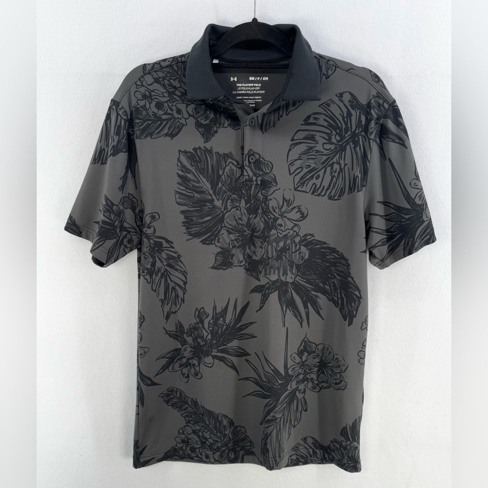 Men’s Under Armour The Playoff Polo Shirt Floral All Over Print Black Grey Sz S